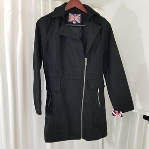 Miss London Wool Blend Zip-Up Collared Coat in Black Women's Size S